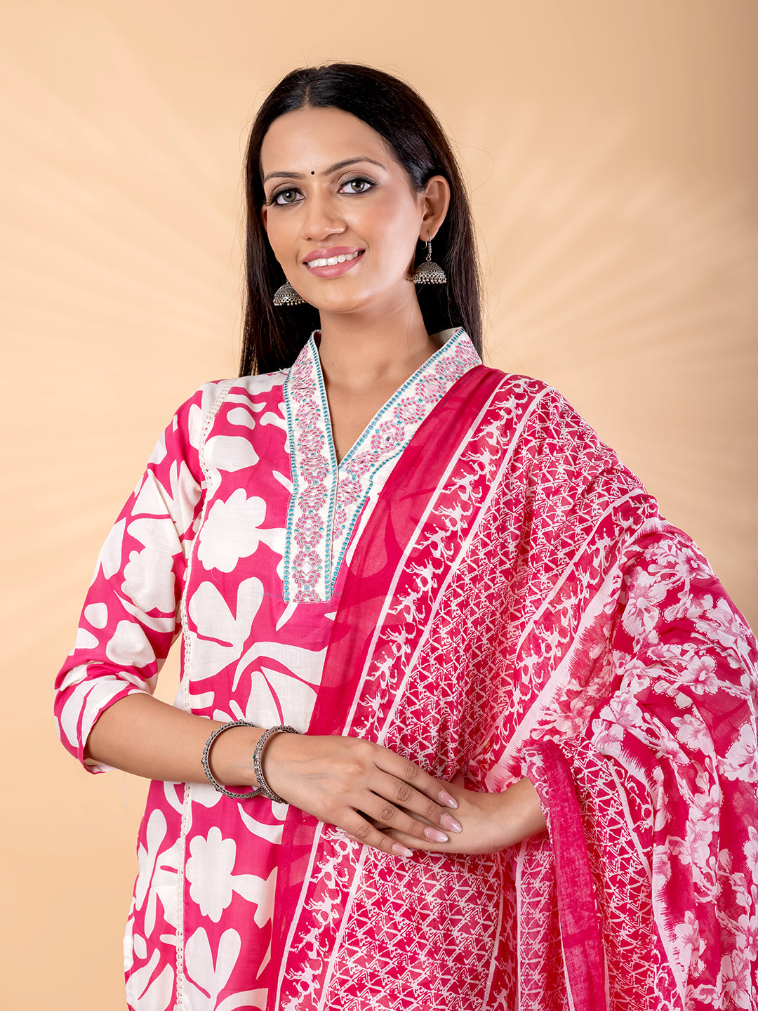 Pure Cotton Pink & White Floral 3-Piece Kurti Set
