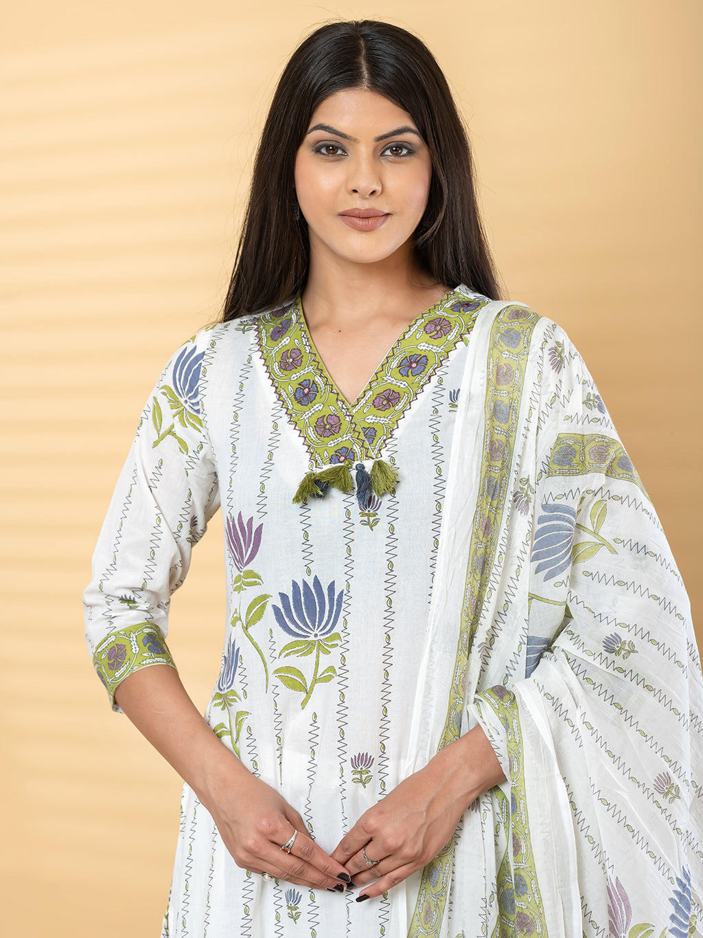Pure Cotton Cream & Parrot Green Floral 3-Piece Kurta Set