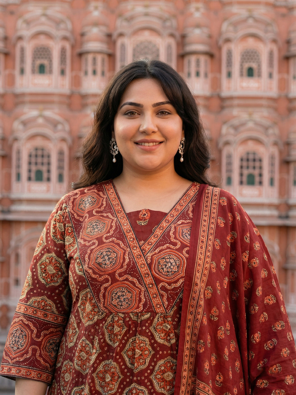 Pure Cotton Rust & Cream Ajrak 3-Piece Kurti Set