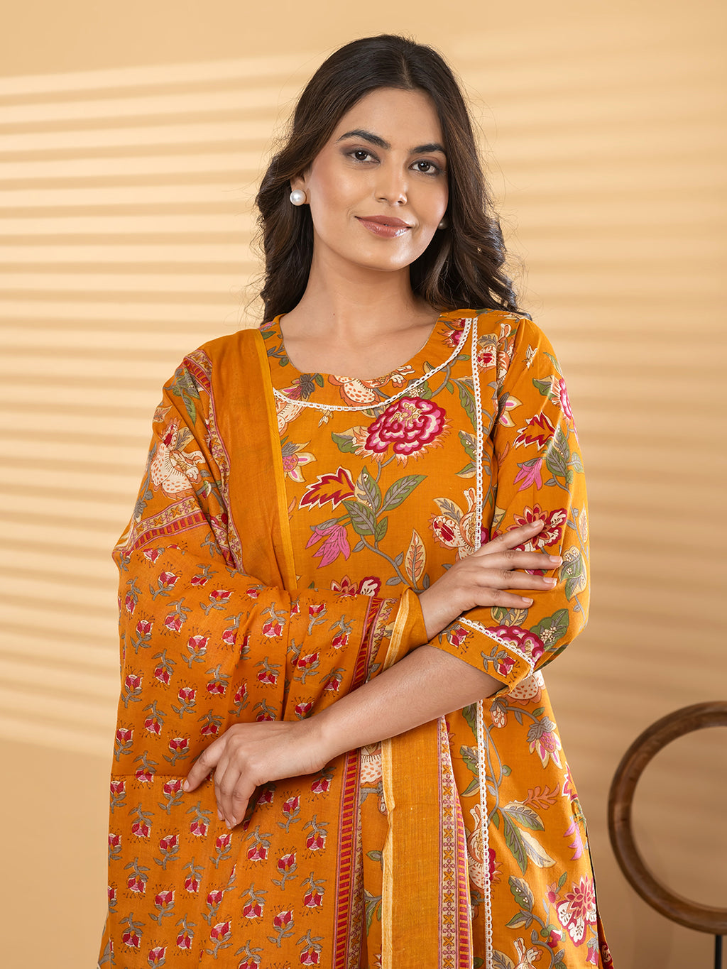 Pure Cotton Mustard Yellow Kalamkari 3-Piece Kurti Set