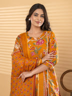 Pure Cotton Mustard Yellow Kalamkari 3-Piece Kurti Set