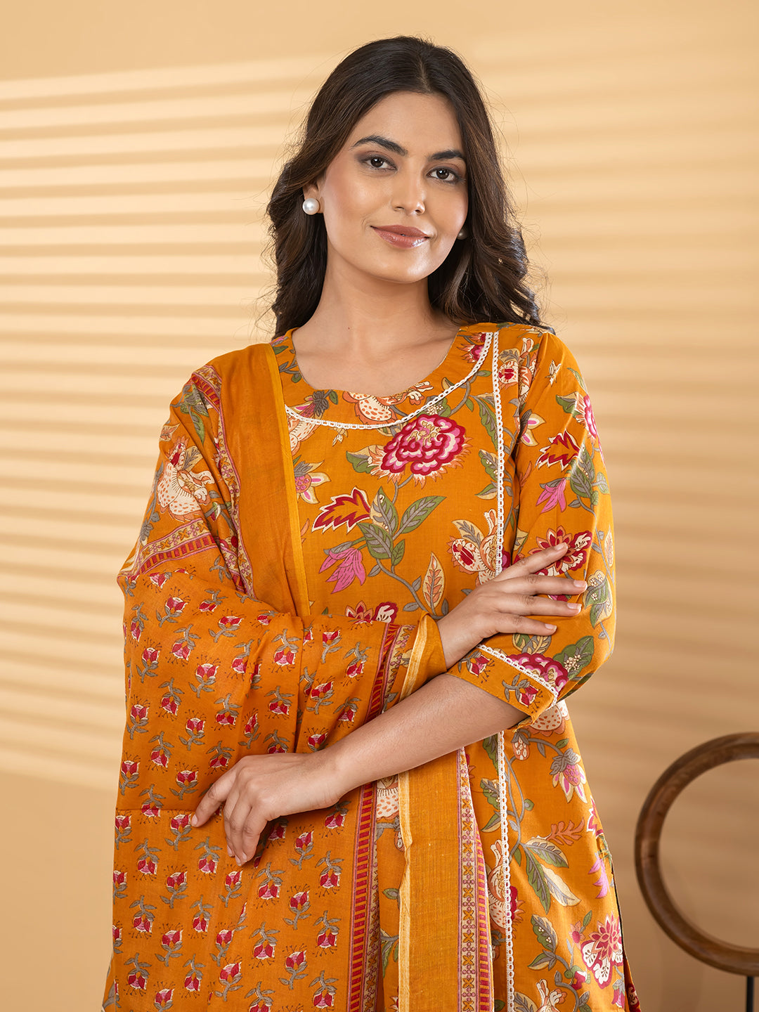 Pure Cotton Mustard Yellow Kalamkari 3-Piece Kurti Set