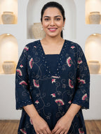 Pure Cotton Navy Blue Floral Vine Kantha-Inspired Print 3-Piece Kurti Set