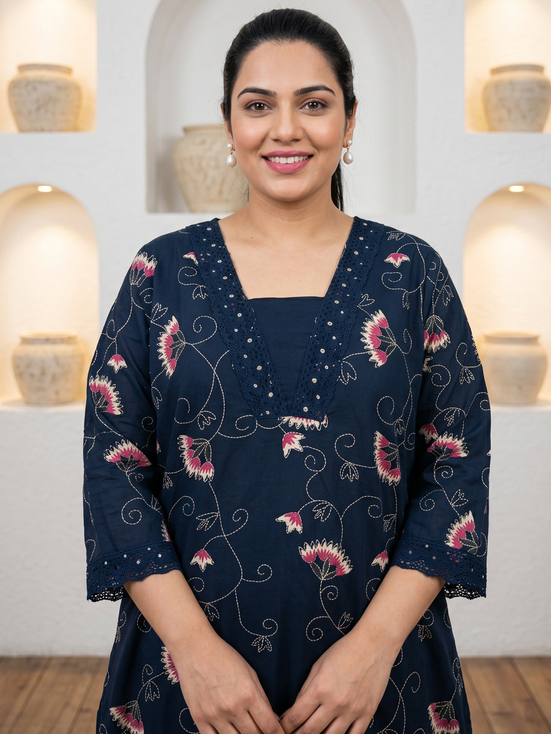 Pure Cotton Navy Blue Floral Vine Kantha-Inspired Print 3-Piece Kurti Set