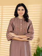 Premium Roman Silk Rose Copper 2-Piece Kurta Pant Set