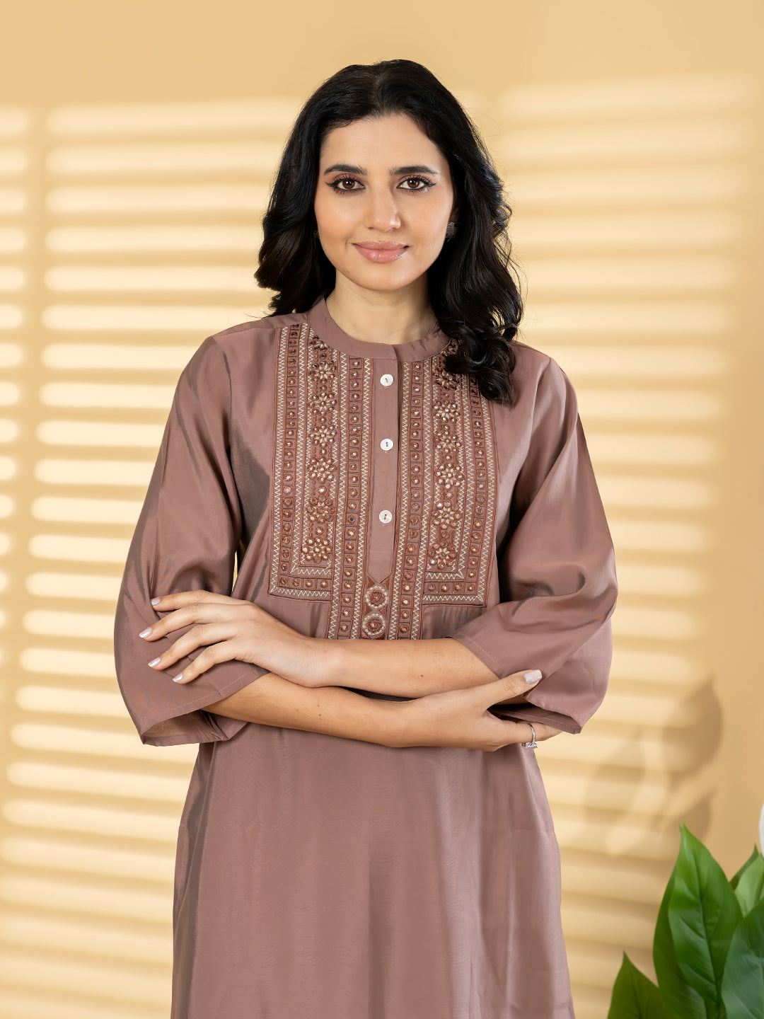 Premium Roman Silk Rose Copper 2-Piece Kurta Pant Set