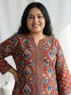 Pure Cotton Rust Brown & Blue Ajrak 3-Piece Kurti Set