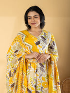 Pure Cotton Cream & Mustard Floral 3-Piece Kurti Set