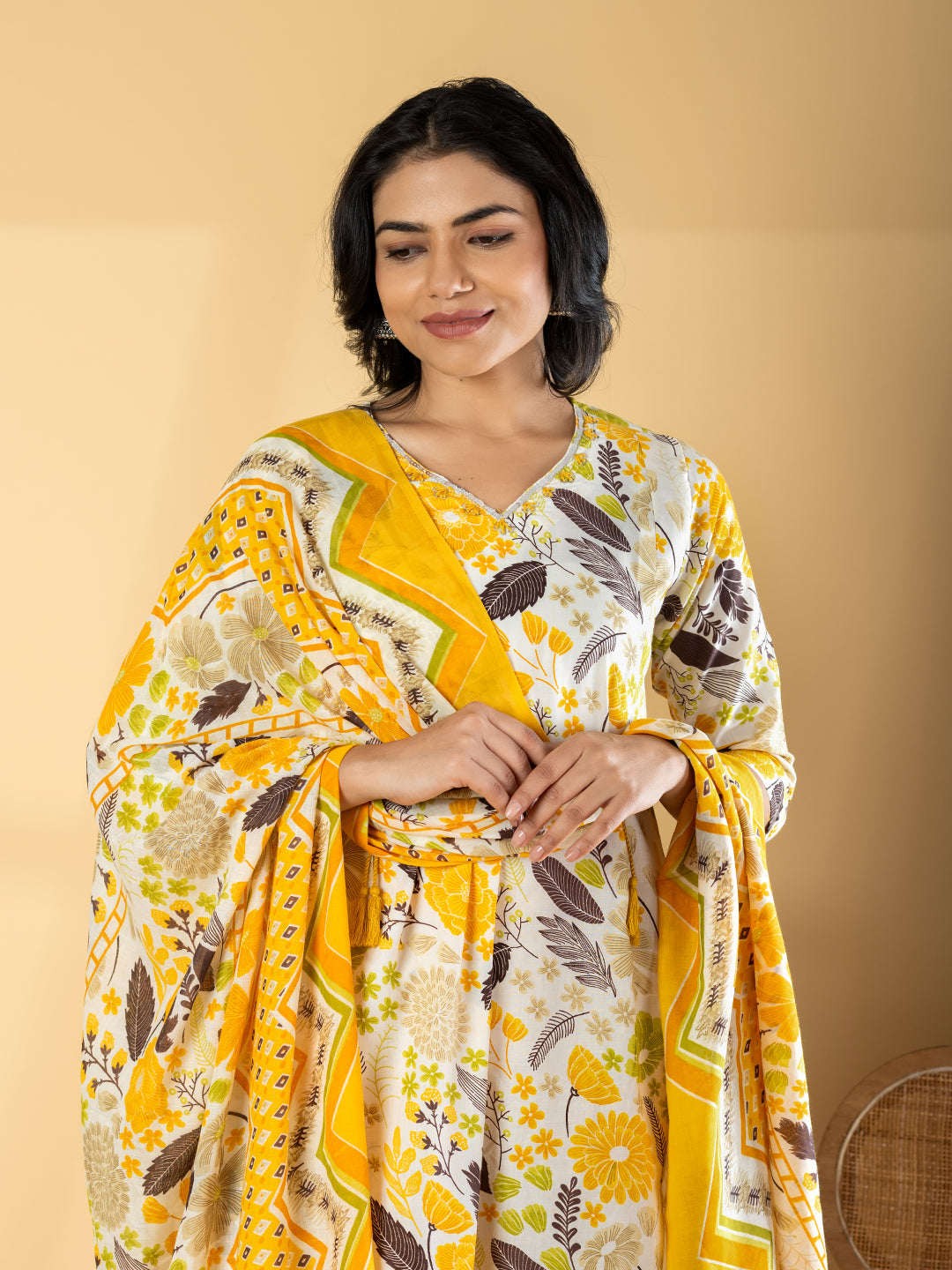 Pure Cotton Cream & Mustard Floral 3-Piece Kurti Set