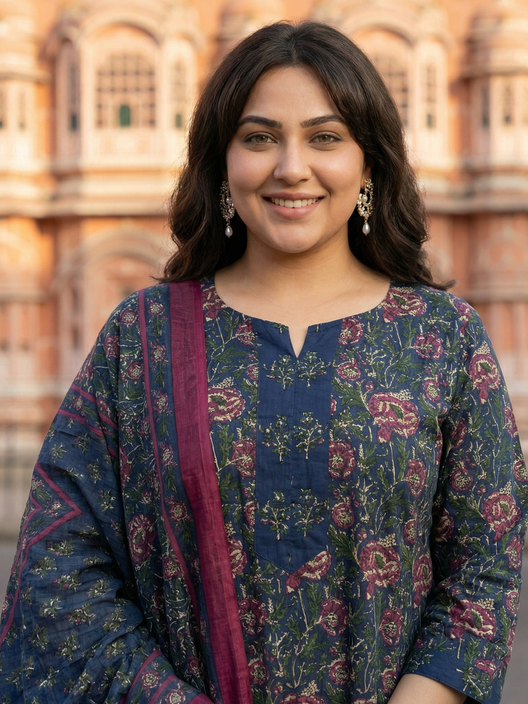 Pure Cotton Kalamkari 3-Piece Kurti Set – Blue, Green & Red