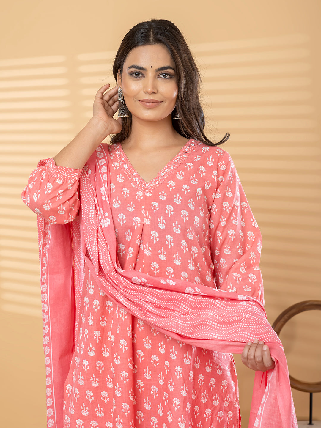 Pure Cotton Coral Pink Floral 3-Piece Kurta Set
