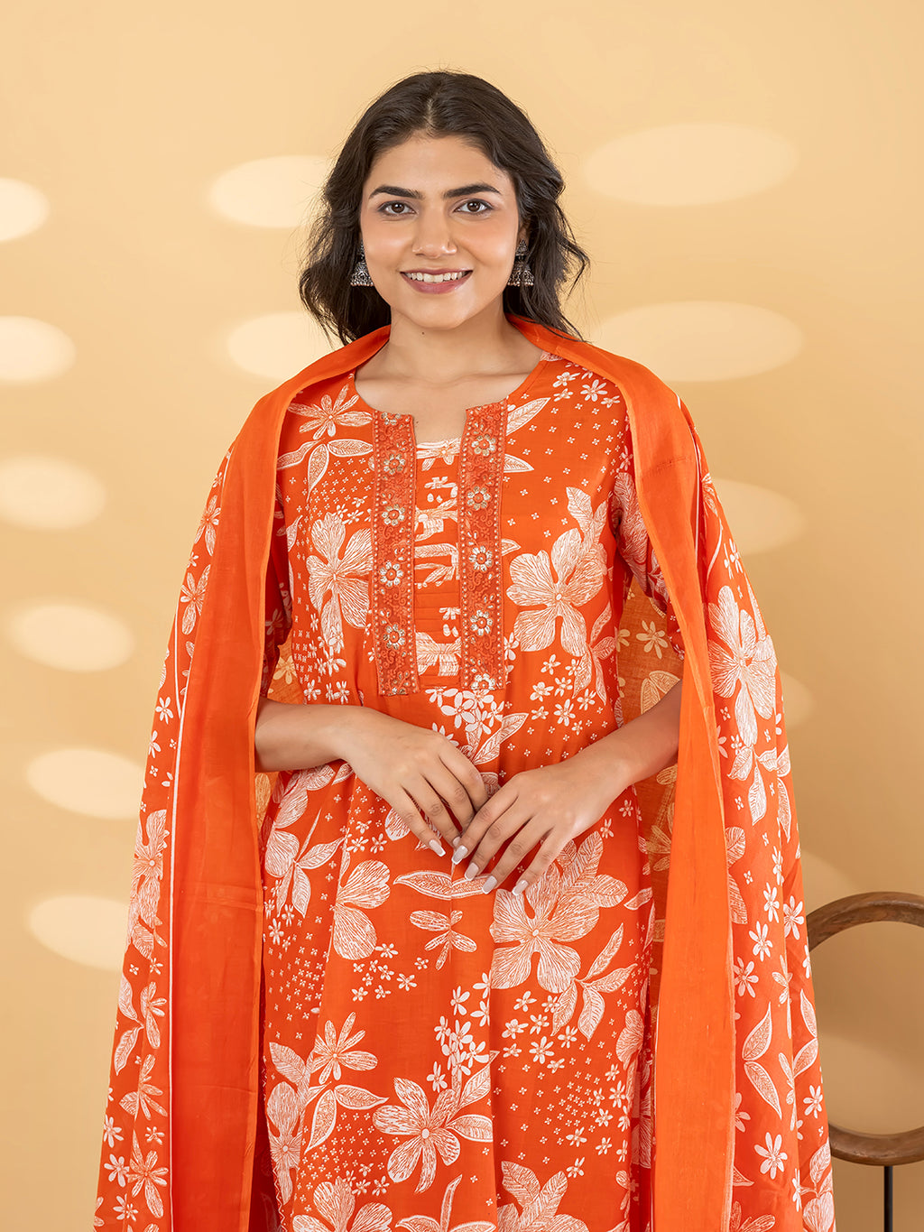 Pure Cotton Burnt Orange Floral 3-Piece Kurti Set
