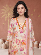 Pure Cotton Cream Floral 3-Piece Kurti Set with Pink & Orange Print