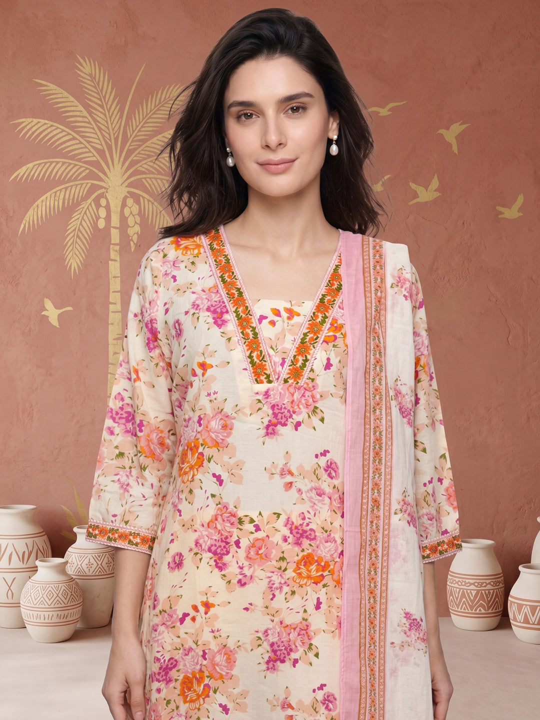 Pure Cotton Cream Floral 3-Piece Kurti Set with Pink & Orange Print
