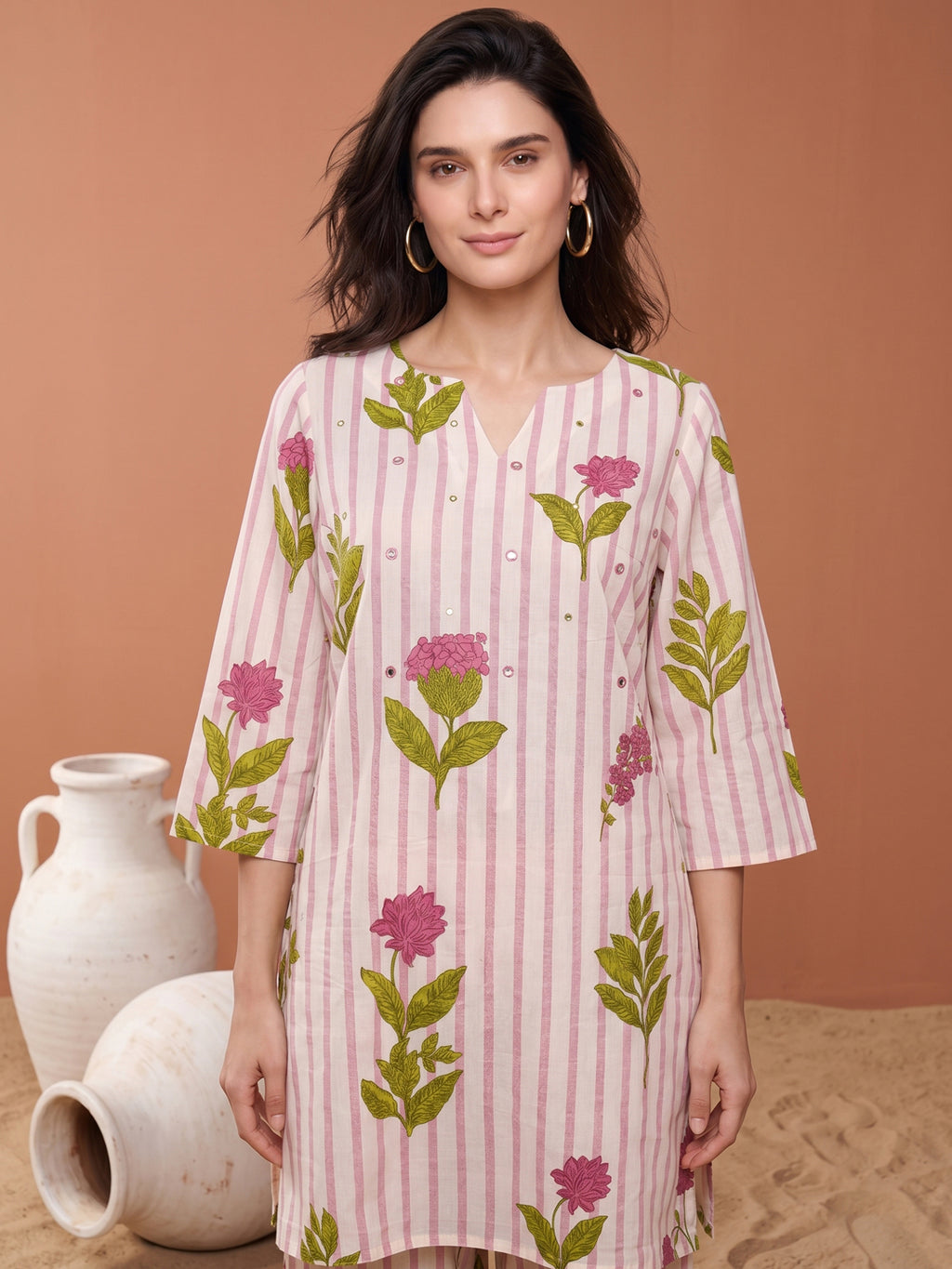 Pure Cotton Cream & Pink Floral 2-Piece Kurta Set