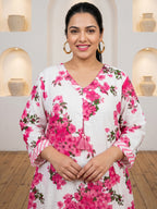 Pure Cotton Pink Floral 3-Piece Kurti Set with Tassels