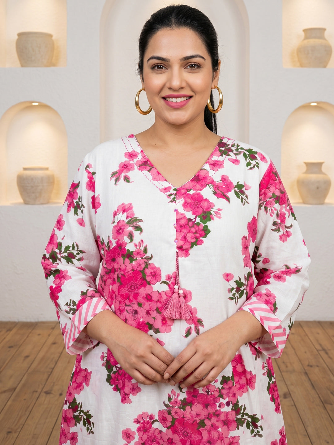 Pure Cotton Pink Floral 3-Piece Kurti Set with Tassels