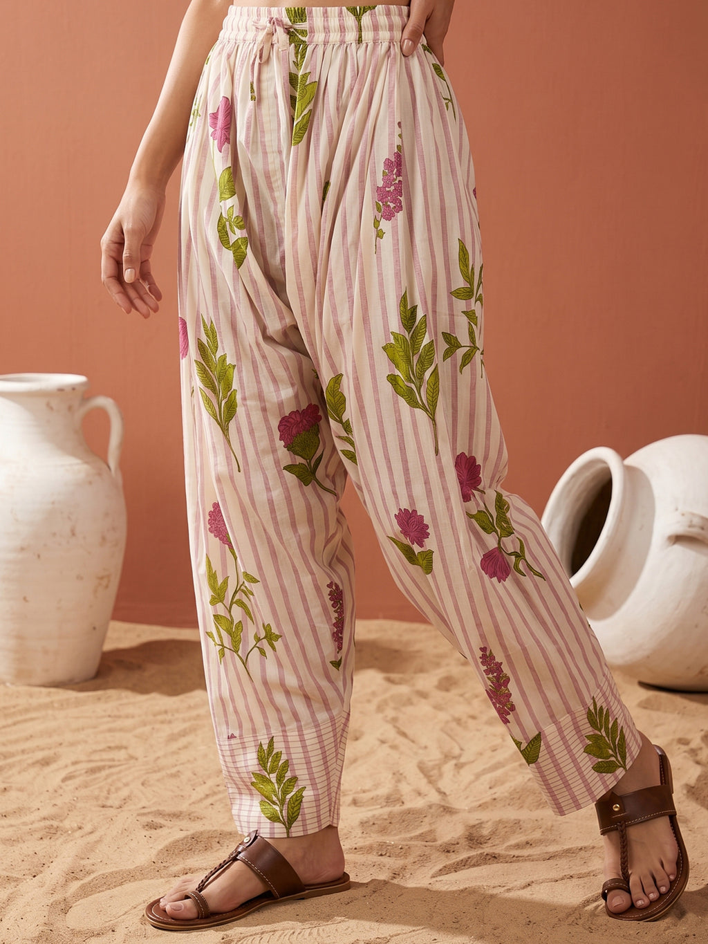 Pure Cotton Cream & Pink Floral 2-Piece Kurta Set