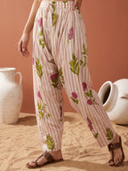 Pure Cotton Cream & Pink Floral 2-Piece Kurta Set