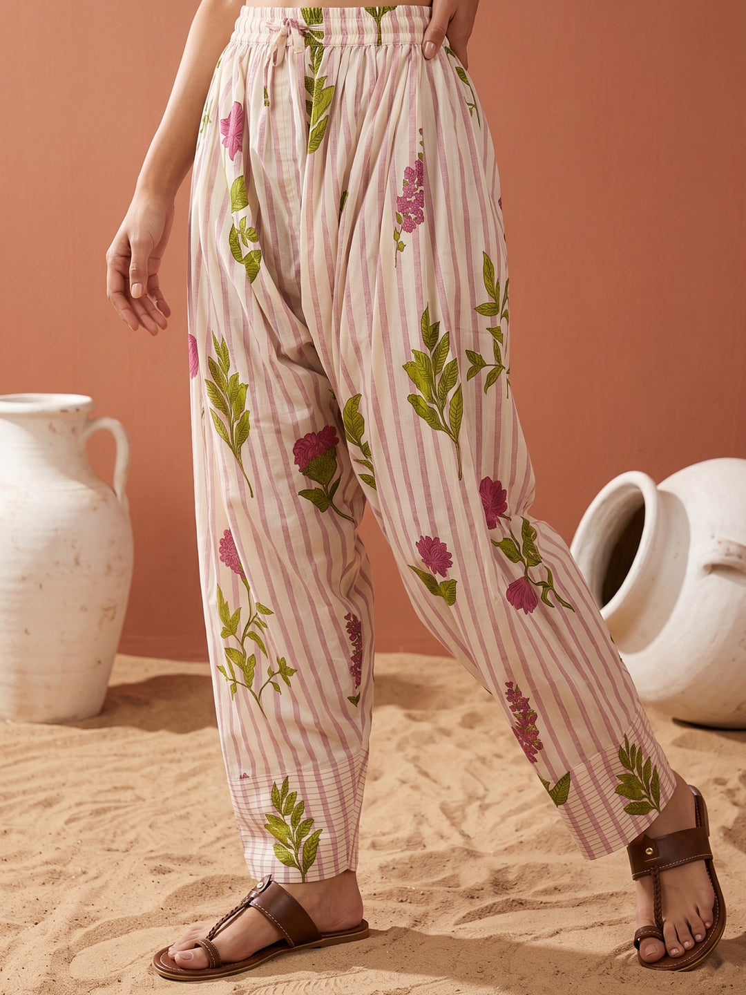 Pure Cotton Cream & Pink Floral 2-Piece Kurta Set