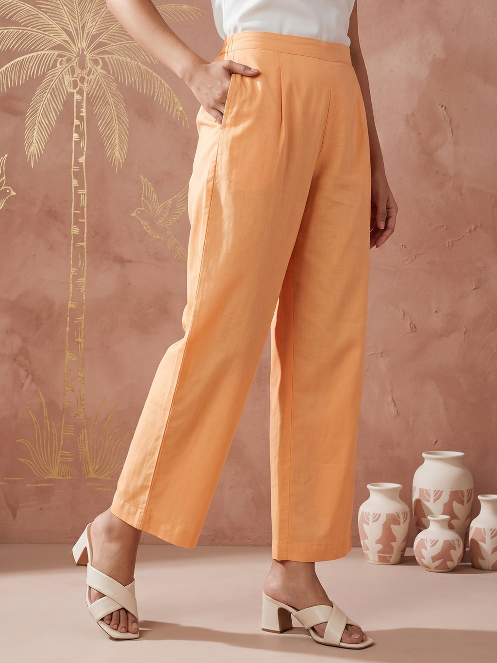 Pure Cotton Cream Floral 3-Piece Kurti Set with Pink & Orange Print