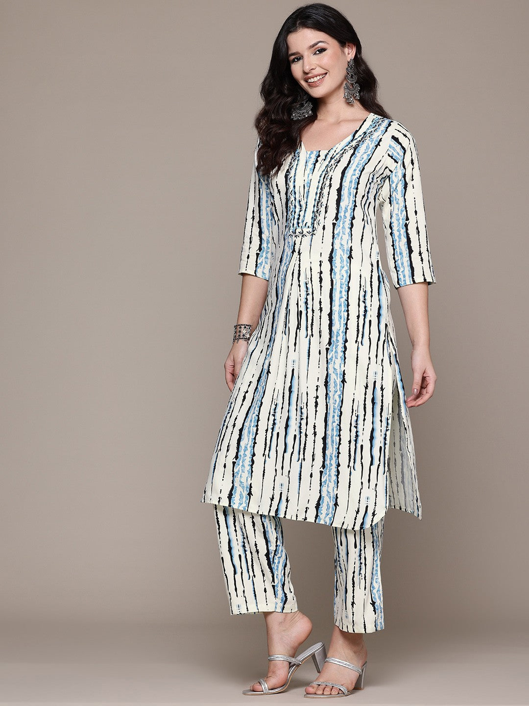 Pure Cotton Blue & Cream Abstract Stripe 2-Piece Kurti Set