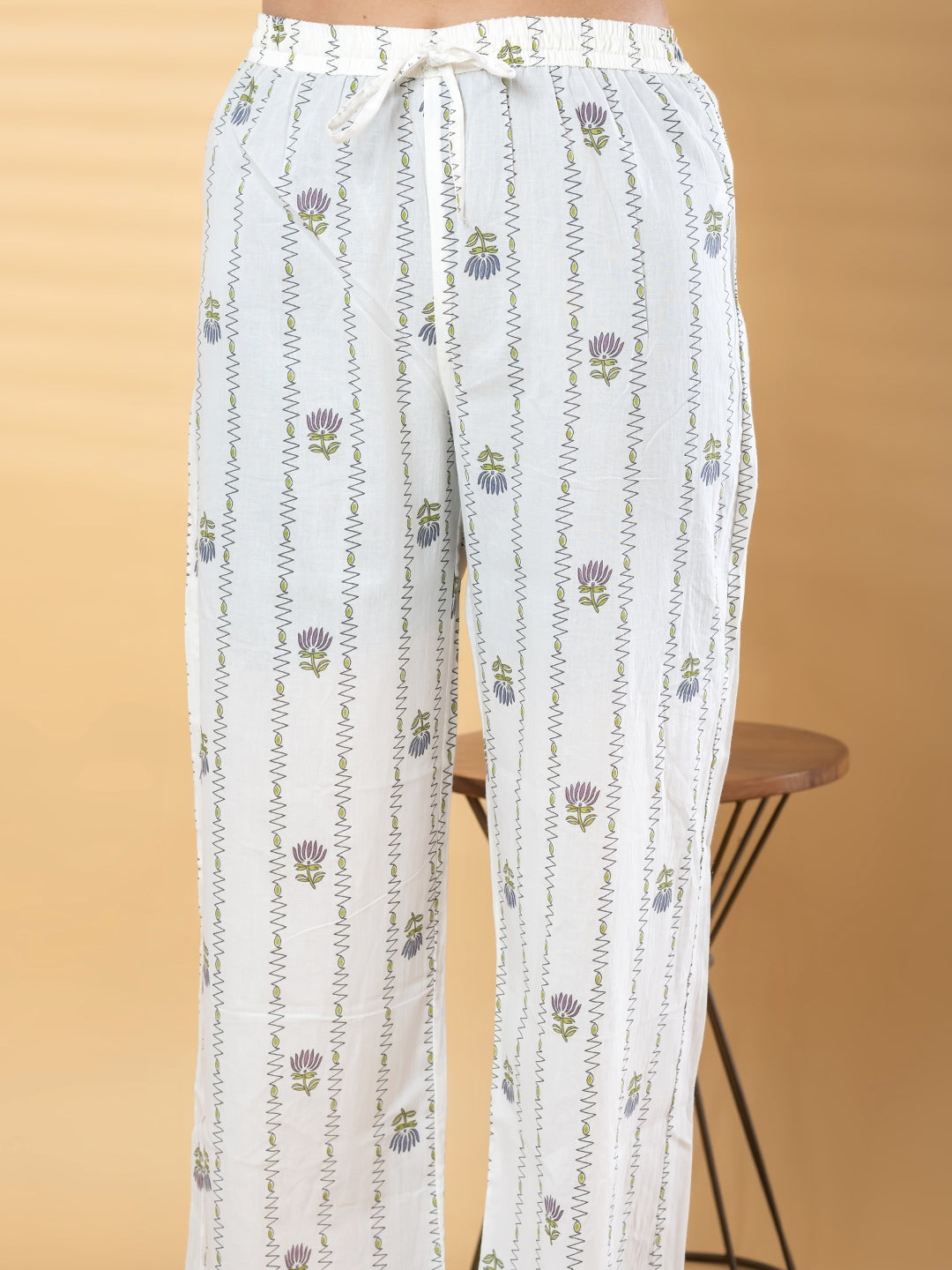 Pure Cotton Cream & Parrot Green Floral 3-Piece Kurta Set