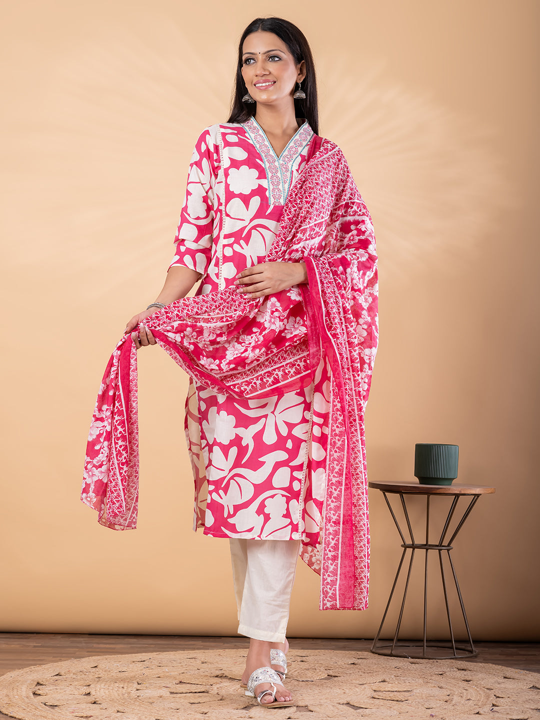 Pure Cotton Pink & White Floral 3-Piece Kurti Set