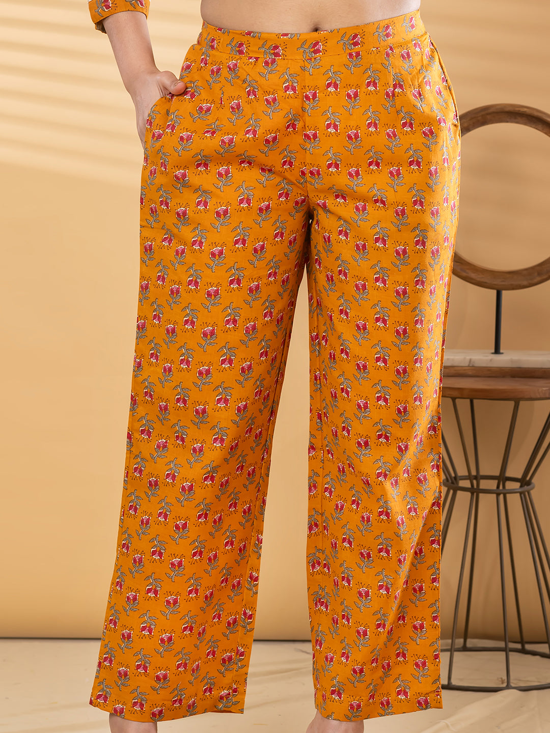 Pure Cotton Mustard Yellow Kalamkari 3-Piece Kurti Set