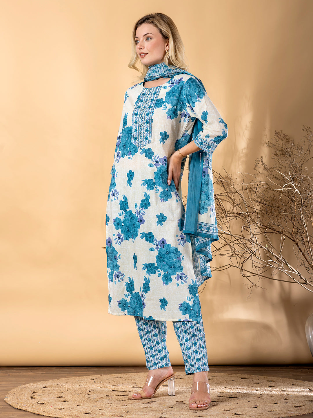 Pure Cotton Blue & White Floral 3-Piece Kurti Set