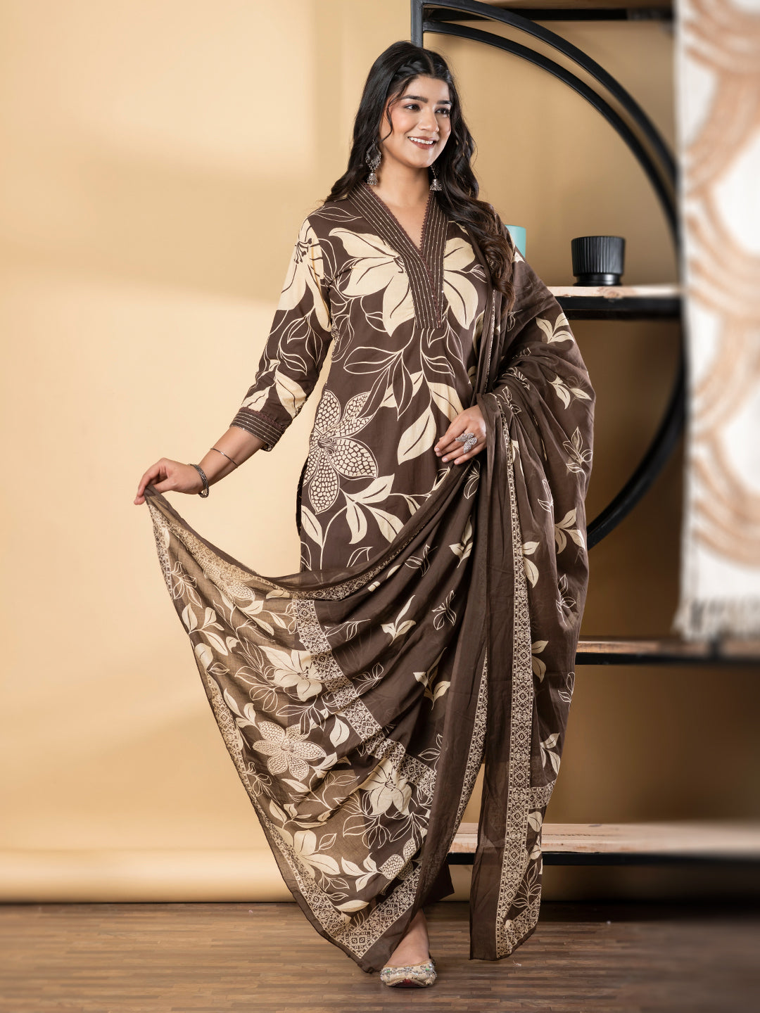 Pure Cotton Coffee & White Floral 3-Piece Kurti Set
