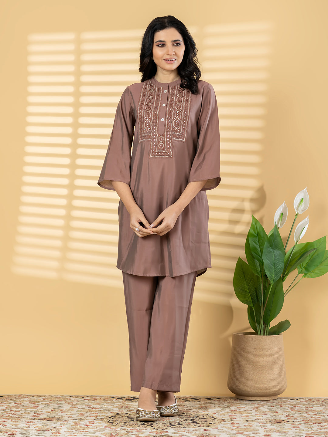 Premium Roman Silk Rose Copper 2-Piece Kurta Pant Set