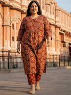 Pure Cotton Rust & Cream Ajrak 3-Piece Kurti Set