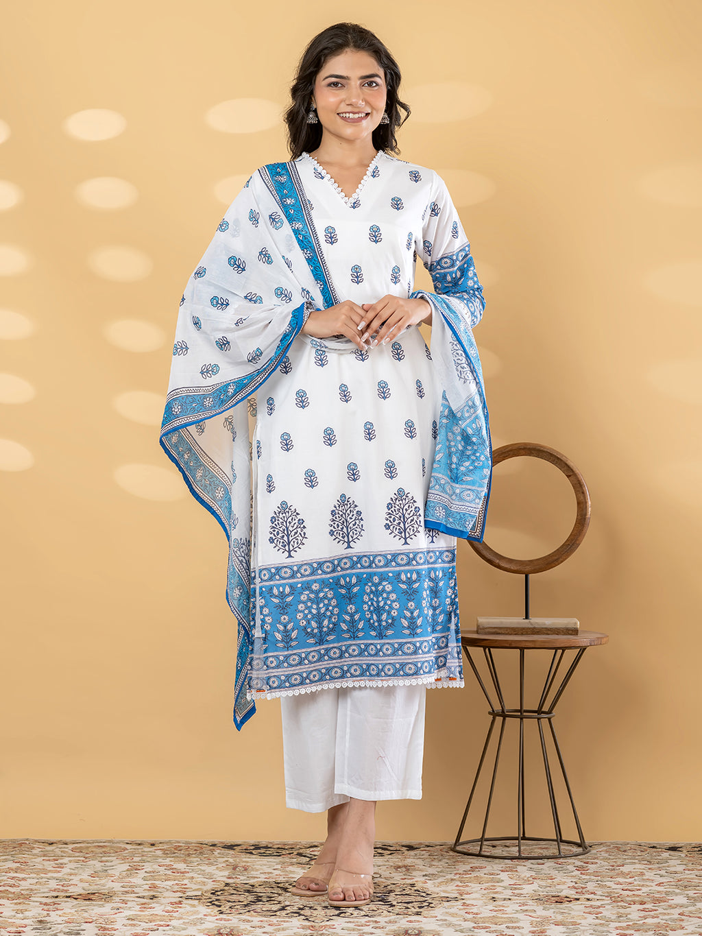 Pure Cotton Blue & White Floral 3-Piece Kurti Set with Palazzo