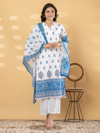 Pure Cotton Blue & White Floral 3-Piece Kurti Set with Palazzo