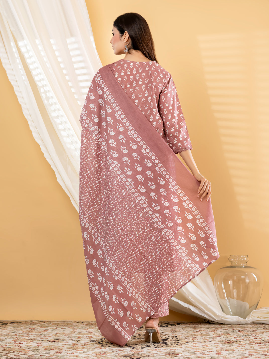 Pure Cotton Dusty Rose Floral 3-Piece Kurti Set with Sitara Lace