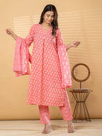 Pure Cotton Coral Pink Floral 3-Piece Kurta Set