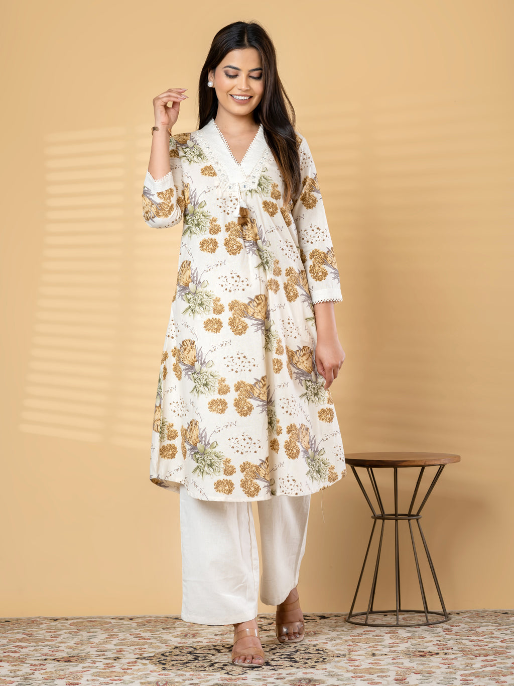 Pure Khadi Cotton Cream Floral A-Line Kurti Set with Mirror Work
