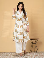 Pure Khadi Cotton Cream Floral A-Line Kurti Set with Mirror Work
