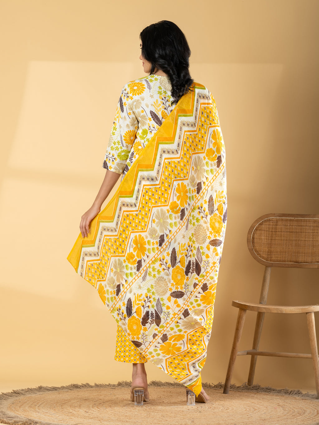 Pure Cotton Cream & Mustard Floral 3-Piece Kurti Set