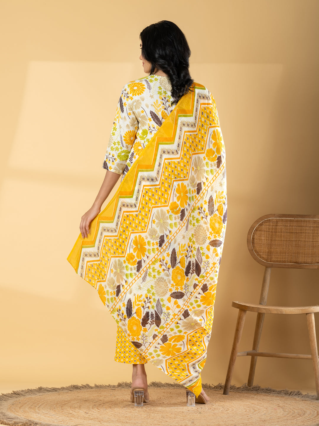 Pure Cotton Cream & Mustard Floral 3-Piece Kurti Set
