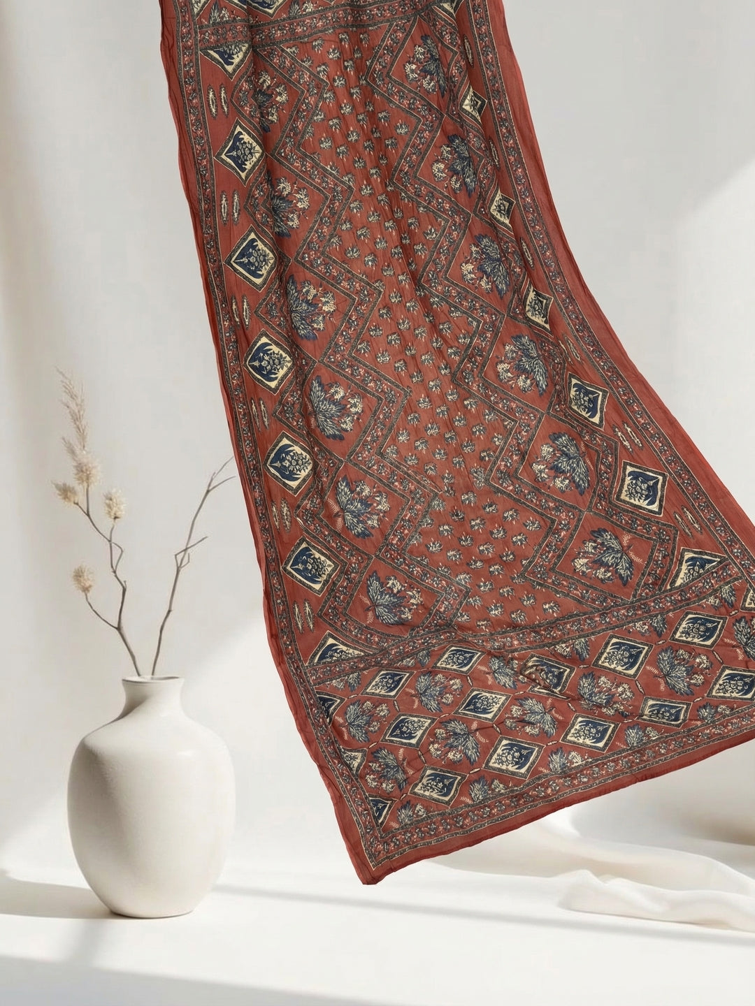 Pure Cotton Rust Brown & Blue Ajrak 3-Piece Kurti Set