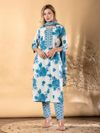 Pure Cotton Blue & White Floral 3-Piece Kurti Set