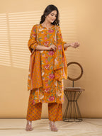 Pure Cotton Mustard Yellow Kalamkari 3-Piece Kurti Set