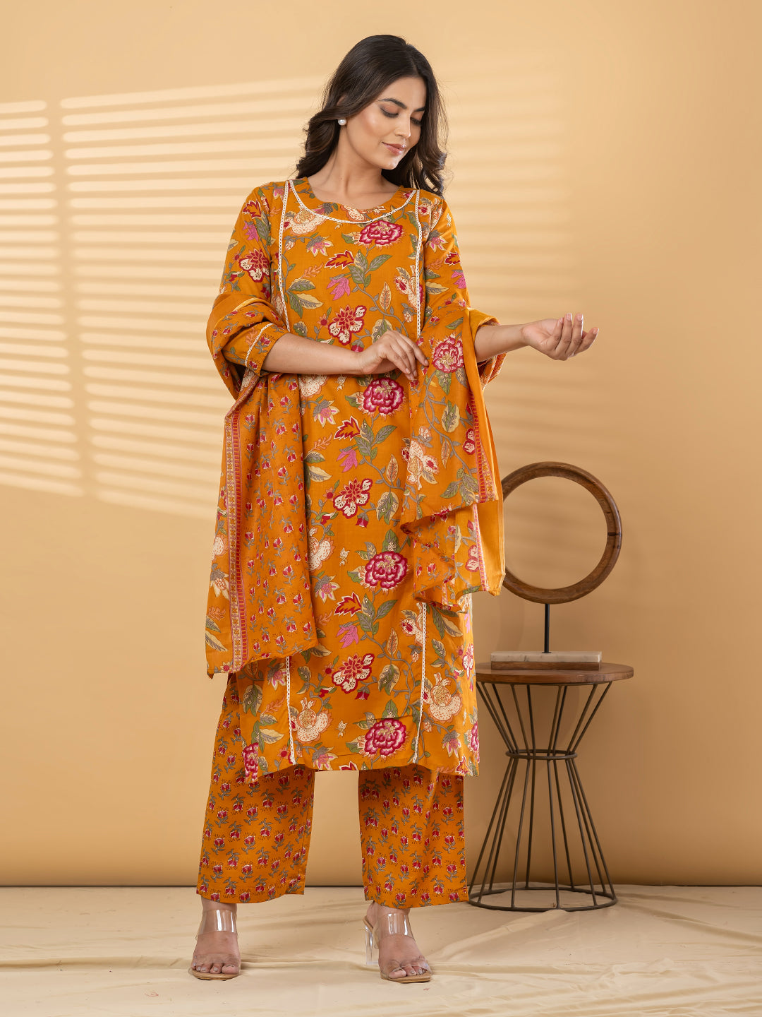 Pure Cotton Mustard Yellow Kalamkari 3-Piece Kurti Set