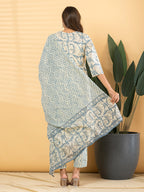 Pure Cotton Cream & Blue Kalamkari 3-Piece Kurti Set