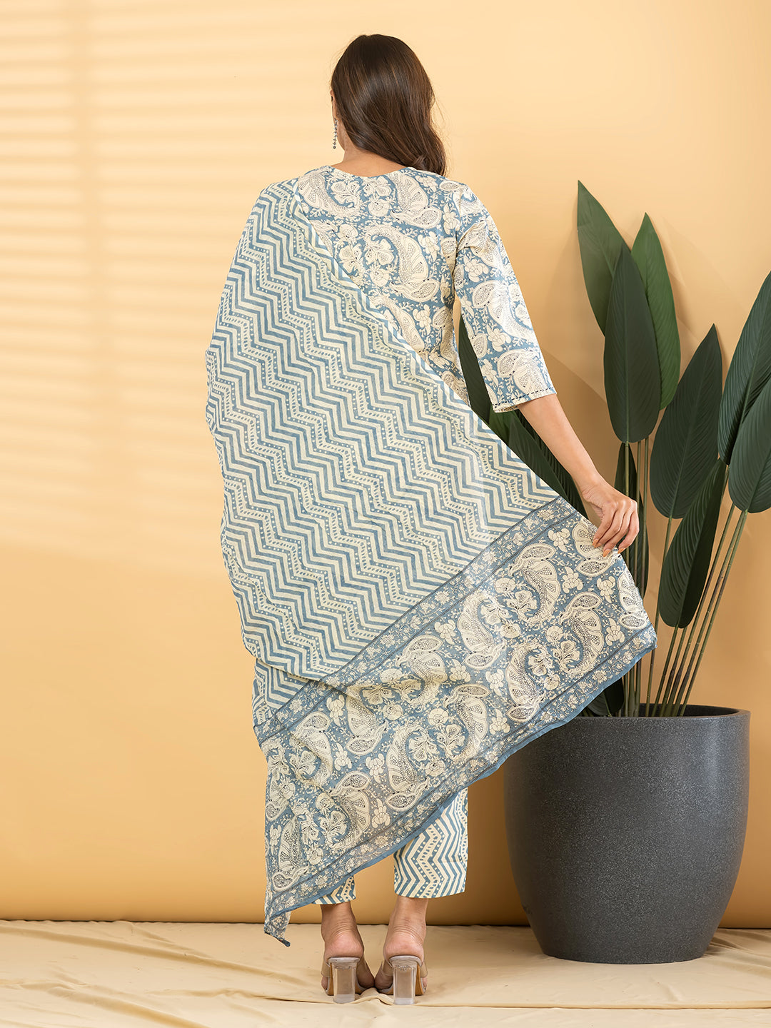 Pure Cotton Cream & Blue Kalamkari 3-Piece Kurti Set