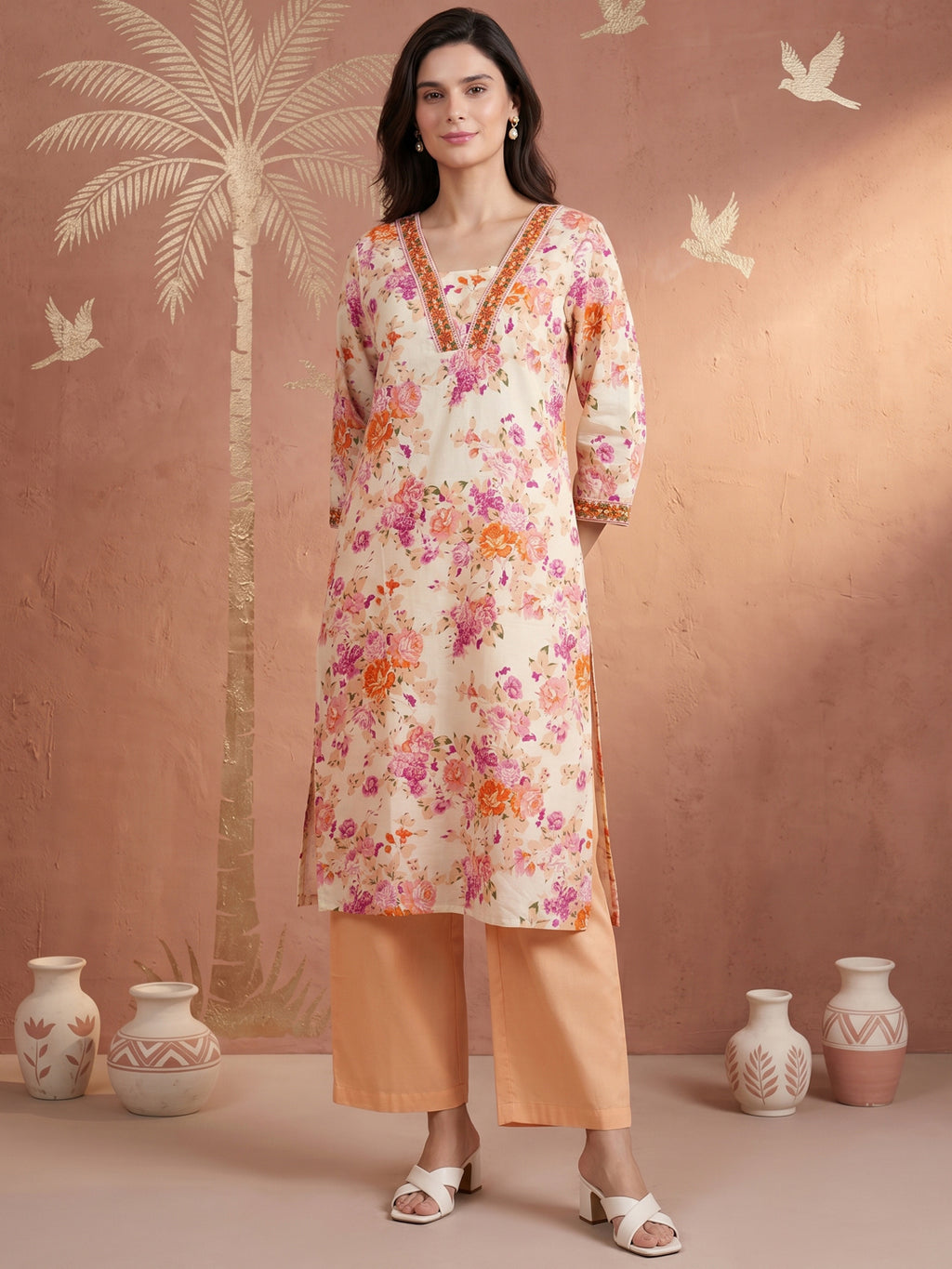 Pure Cotton Cream Floral 3-Piece Kurti Set with Pink & Orange Print