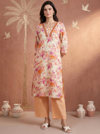 Pure Cotton Cream Floral 3-Piece Kurti Set with Pink & Orange Print