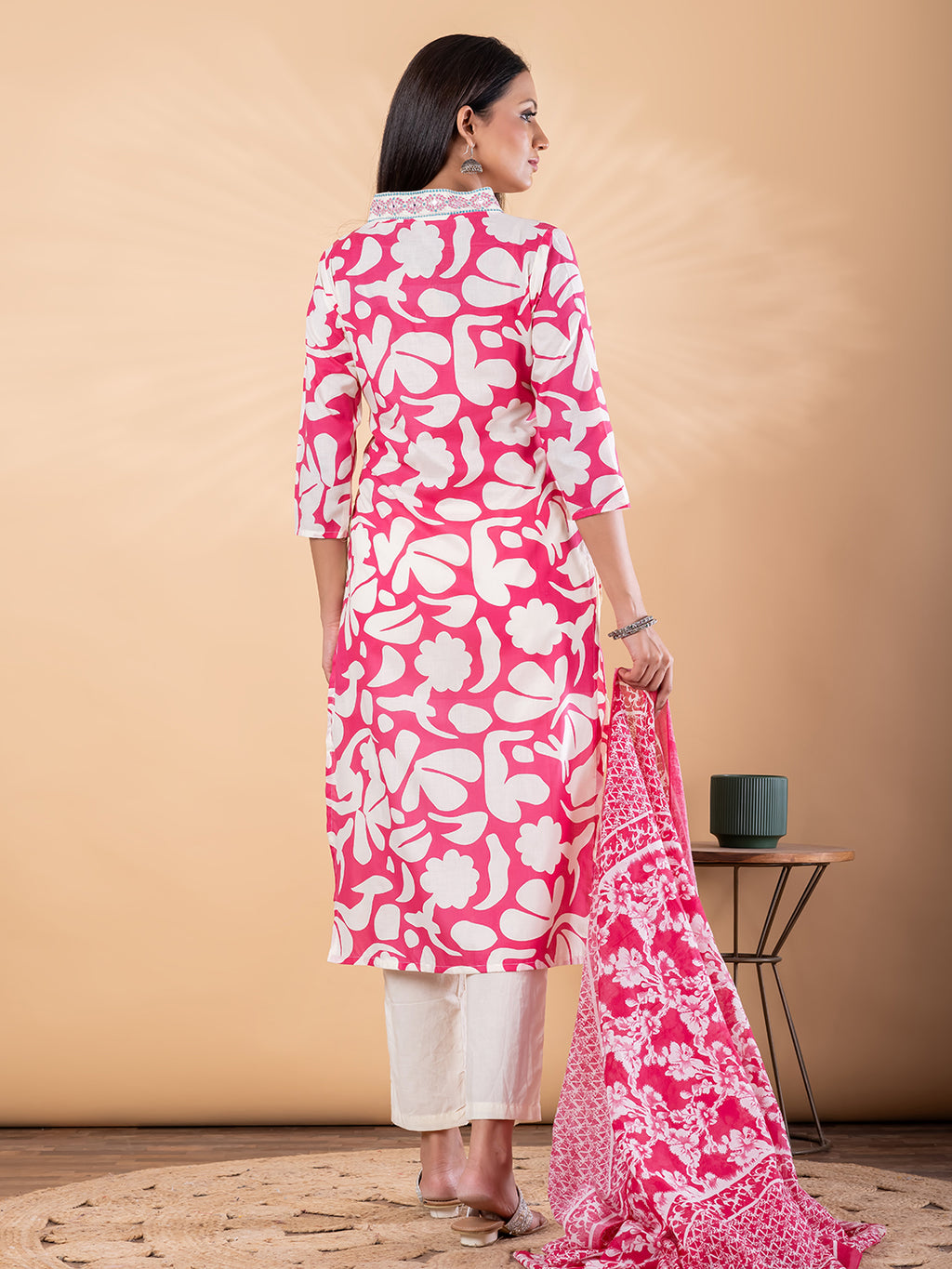 Pure Cotton Pink & White Floral 3-Piece Kurti Set